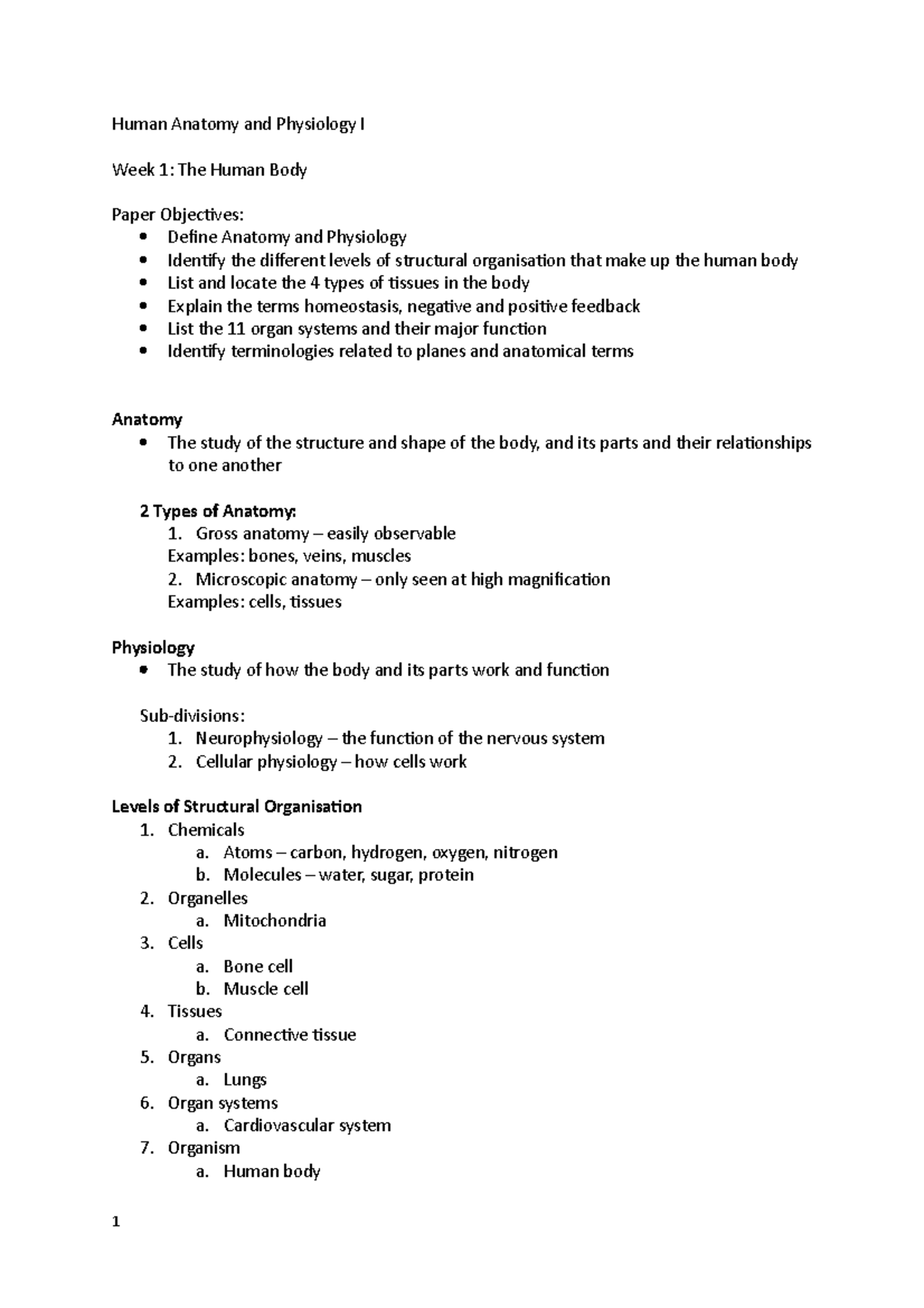 HAP Week 1-5 Study Notes - Human Anatomy and Physiology I Week 1: The ...
