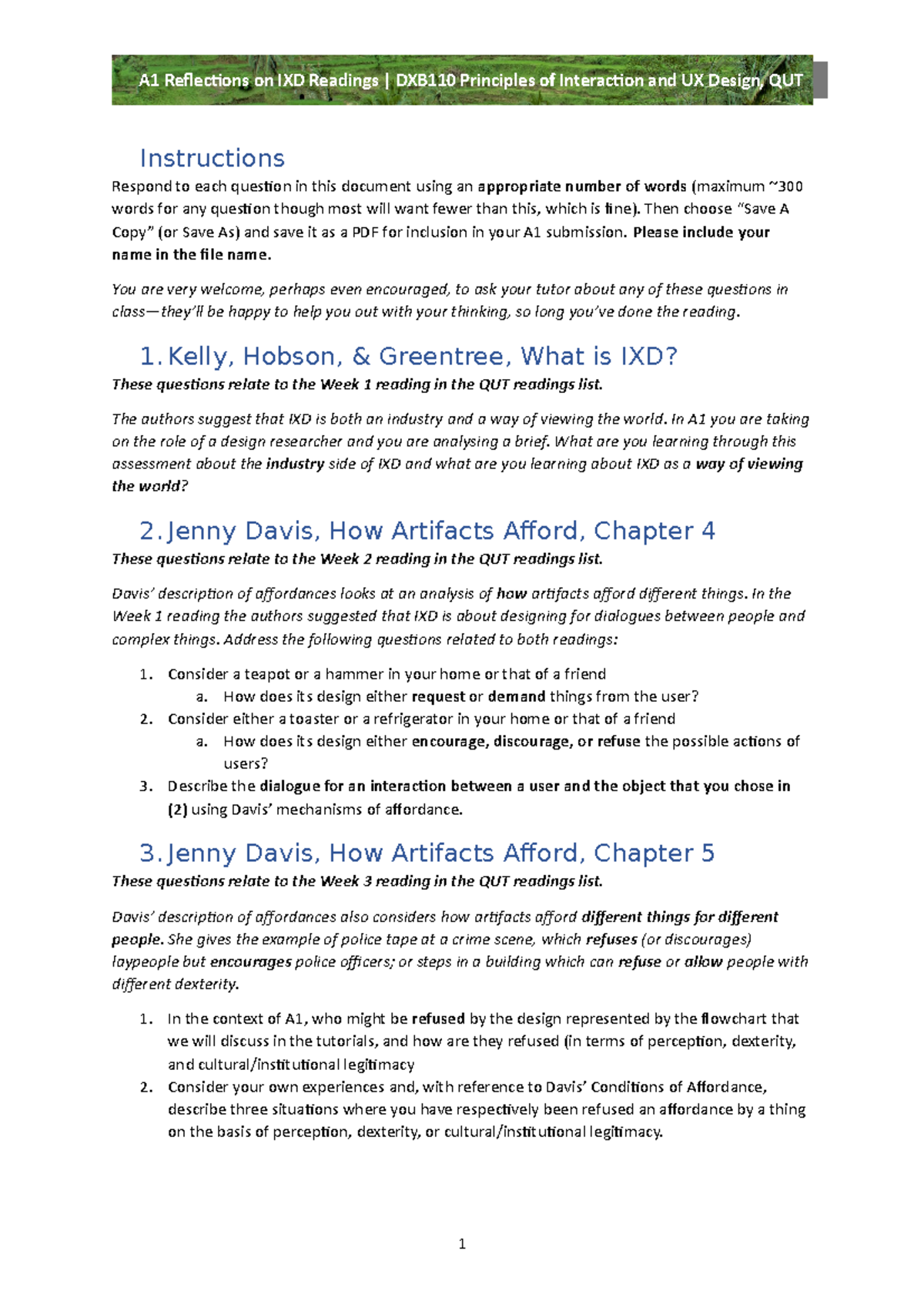 Assignment 1 readings template - Instructions Respond to each question ...