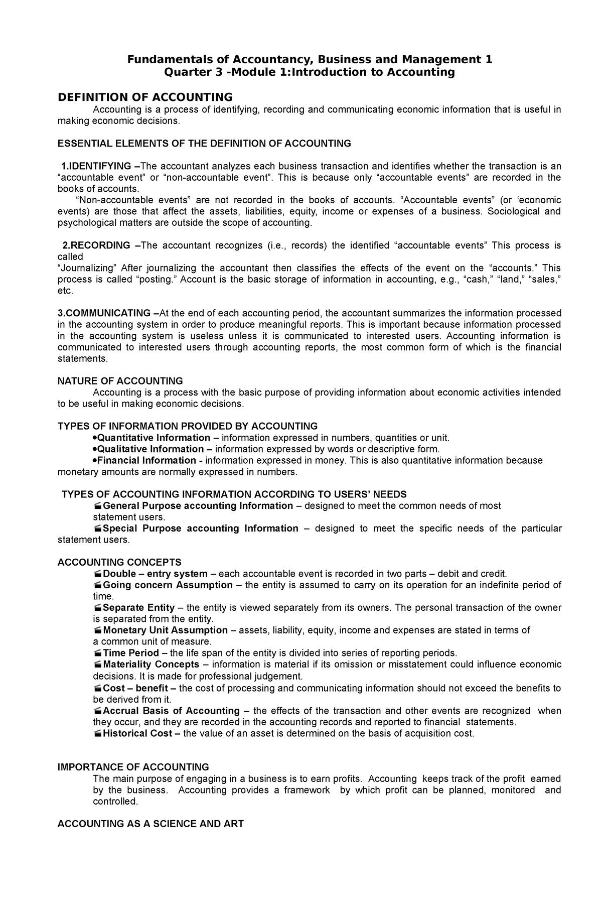 FABM 1- Module 1 - NOTES - Fundamentals of Accountancy, Business and ...