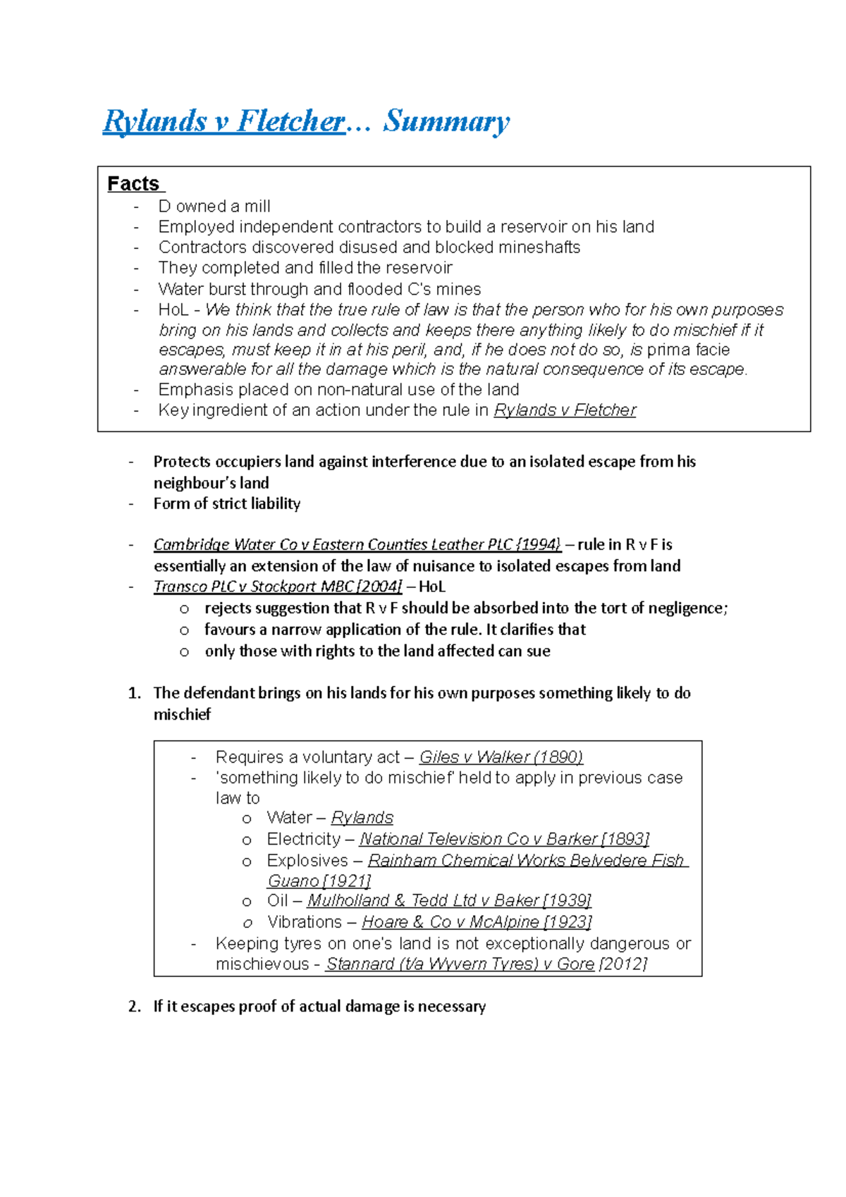 Rylands V Fletcher Law Of Tort Law209 Liverpool Studocu