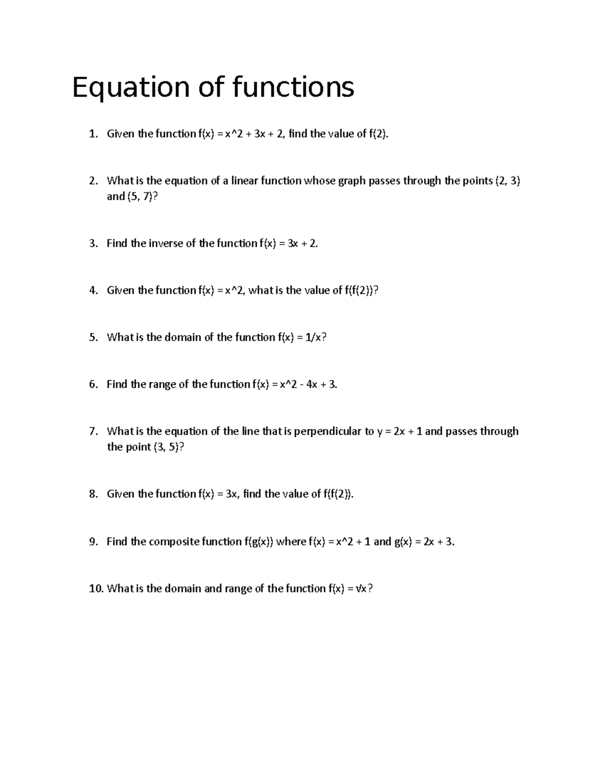 Equation of functions - self-made worksheet for calculus 1 - Equation ...