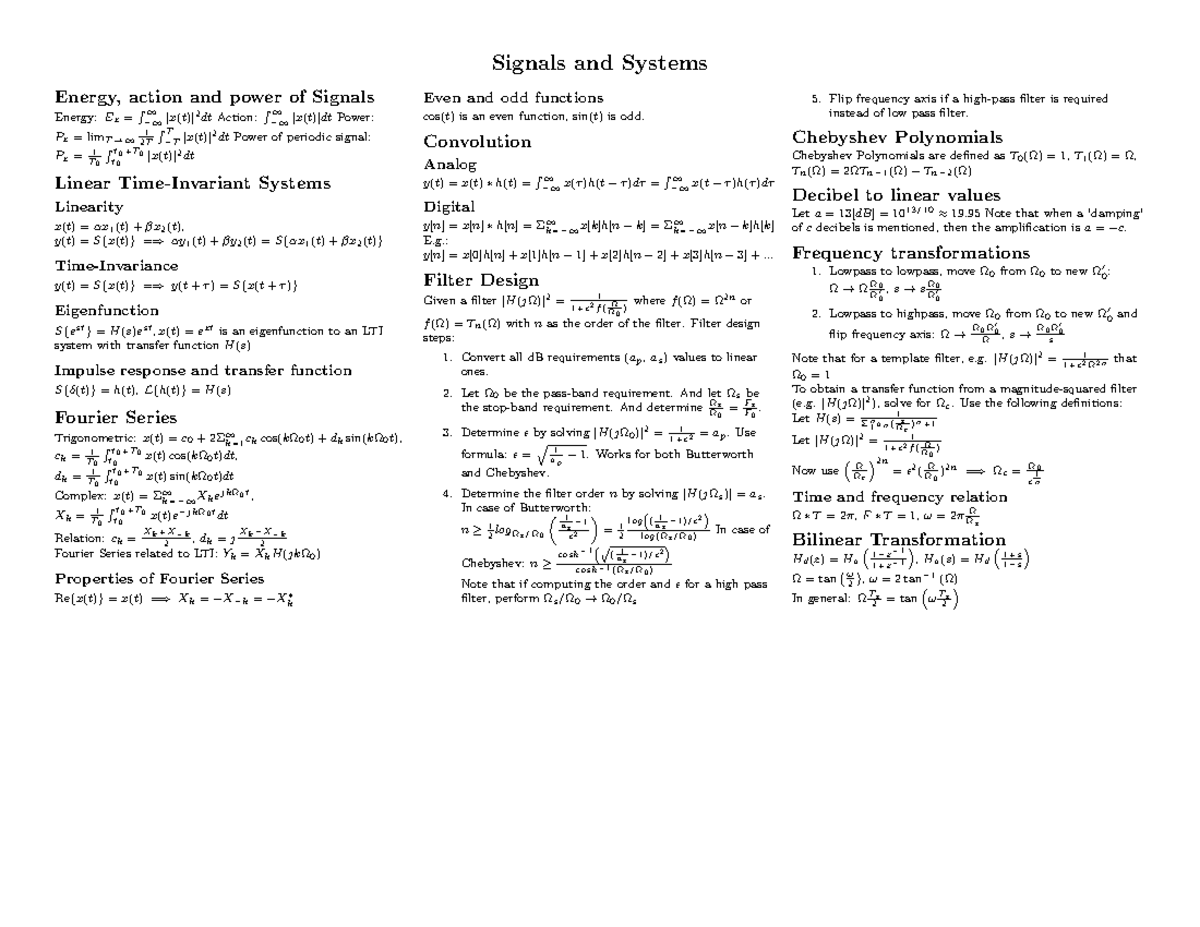 Systems and Signals Formula Notes - Signals and Systems Energy, action ...