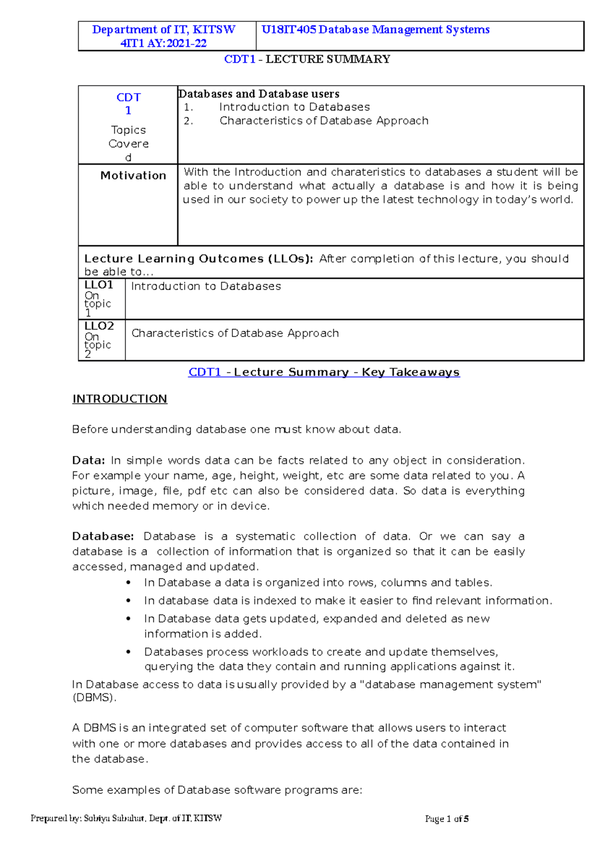 CDT1 Summary 4IT1-DBMS 2021-22 - Department of IT, KITSW 4IT1 AY:2021 ...