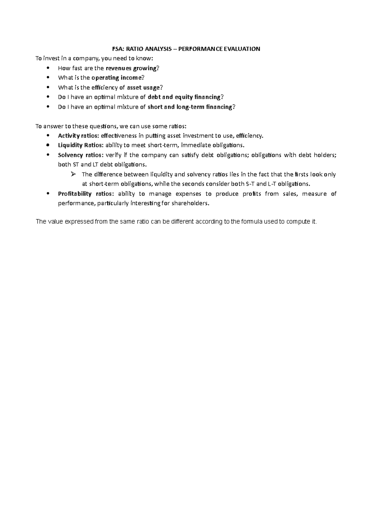 Section 2 - Ryanair case and performance evaluation - FSA: RATIO ...