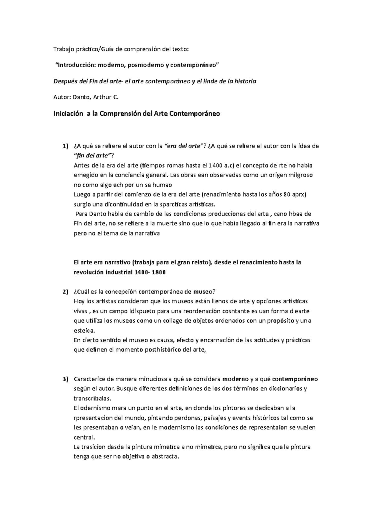 Gua de lectura Danto - PREGUNTAS SIN RESOLVER - Trabajo práctico/Guía ...
