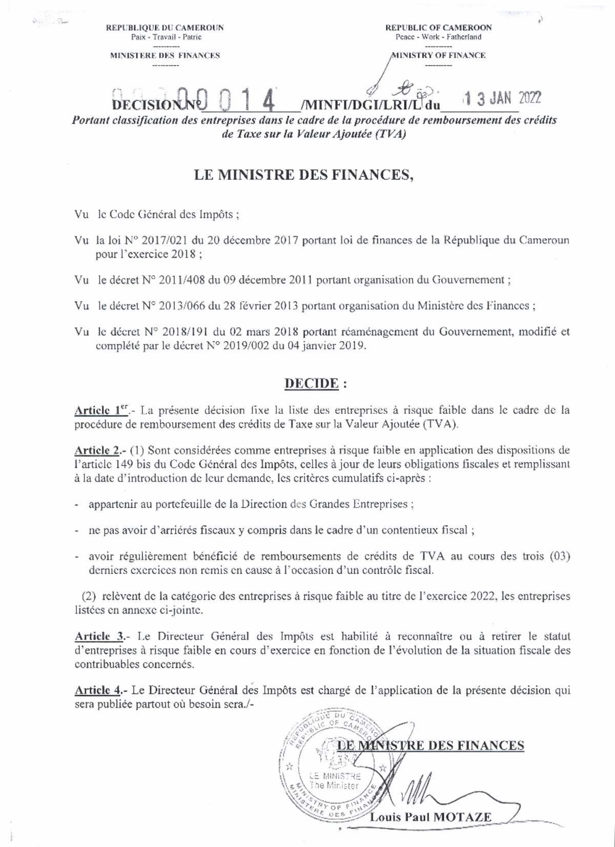 Décision Minfi 0001 - ENTREPRISE A RISQUE FISCAL FAIBLE - 7 ...