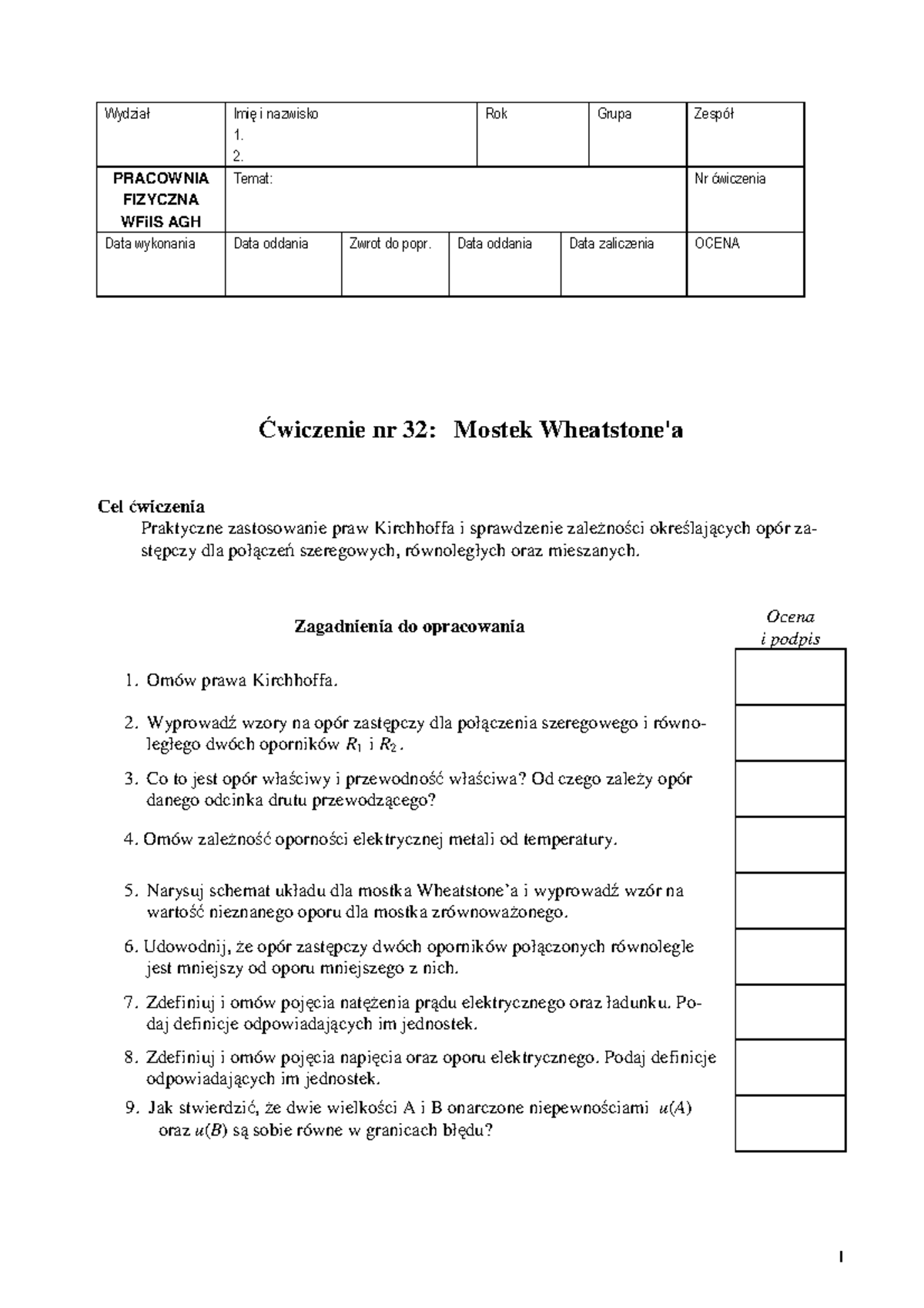 Fizyka_II_mostek_wheatston'a_zajęcia LABORATORYJNE_do Wypełnienia ...