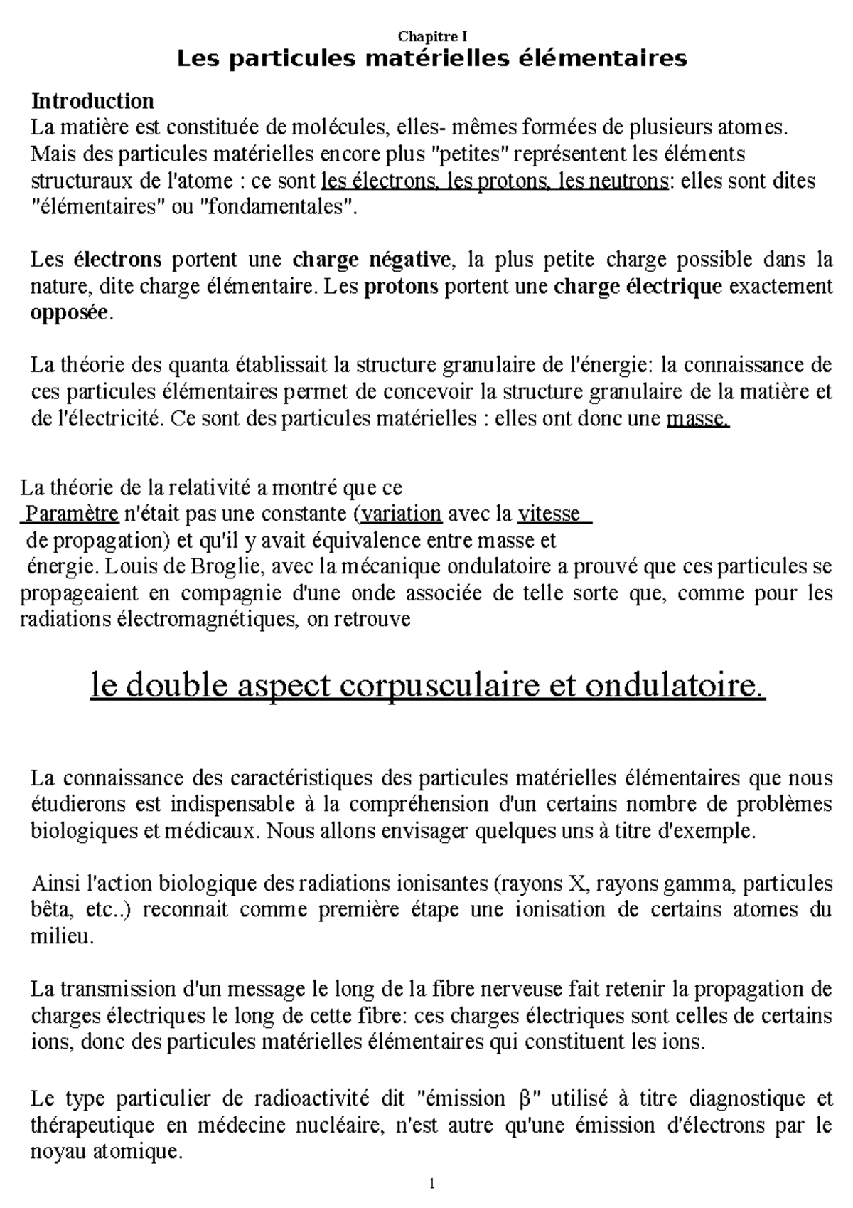 Med physiquerayonnement 1an Chapitre I Les particules matérielles