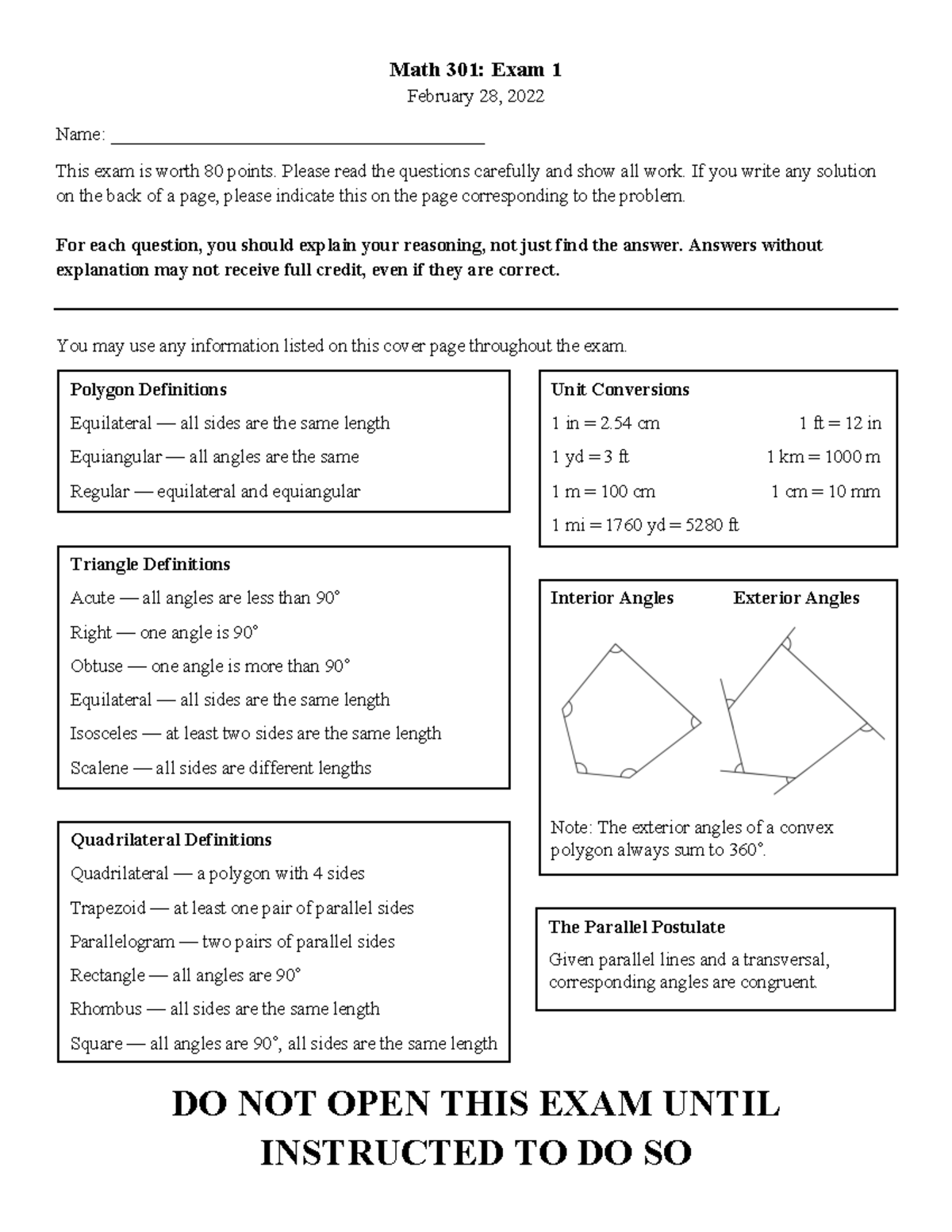 Exam 1 Solutions - Exam 1 answers - Math 301: Exam 1 February 28, 2022 ...