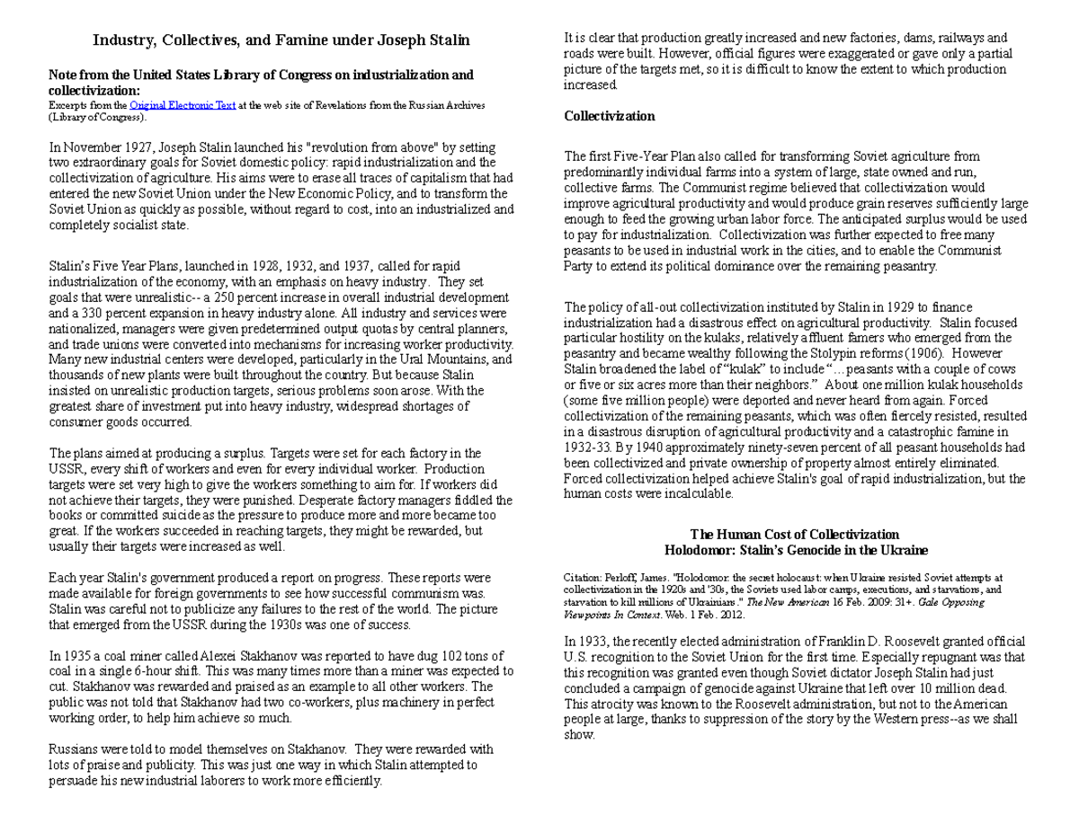Stalin Reading- APW - Industry, Collectives, and Famine under Joseph ...