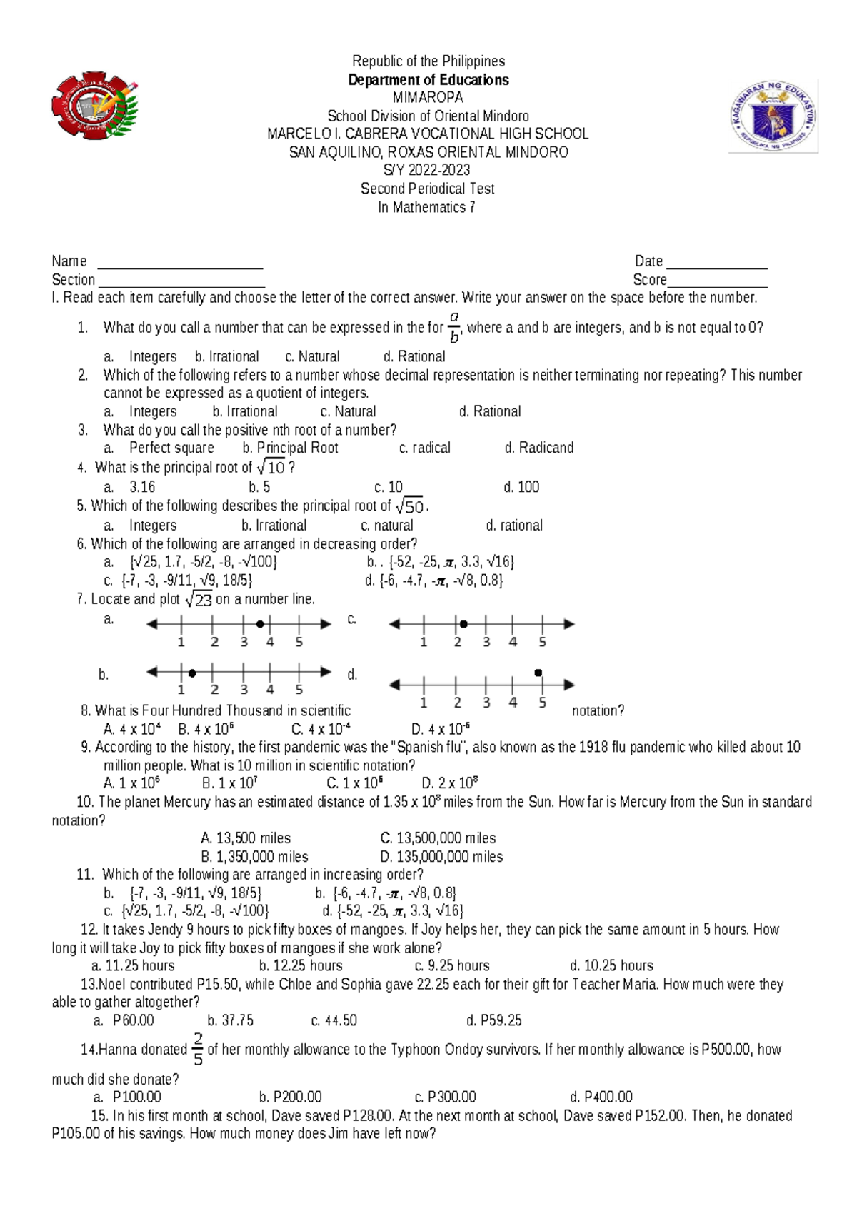 Periodical test in mathematics - Republic of the Philippines Department ...
