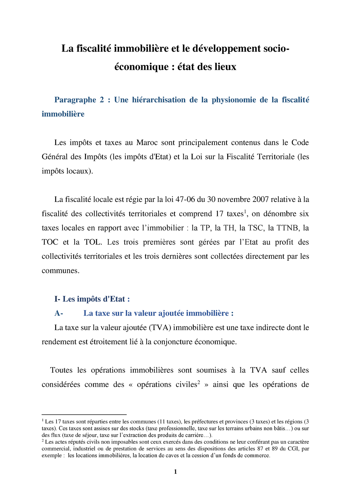 La Fiscalité Immobilière Et Le Développement Socio-économique état Des ...