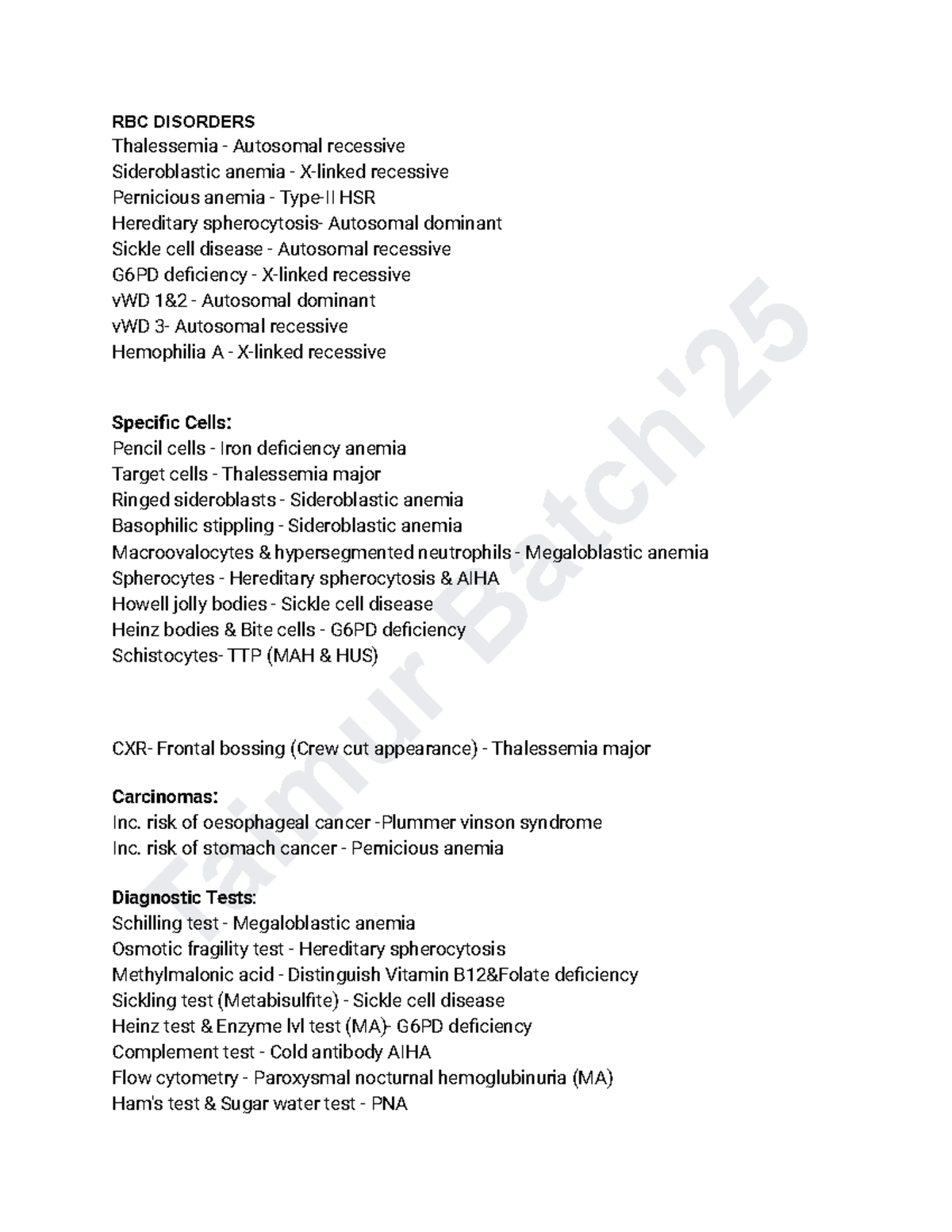 Patho Key Points - Taimur Batch' RBC DISORDERS Thalessemia - Autosomal ...