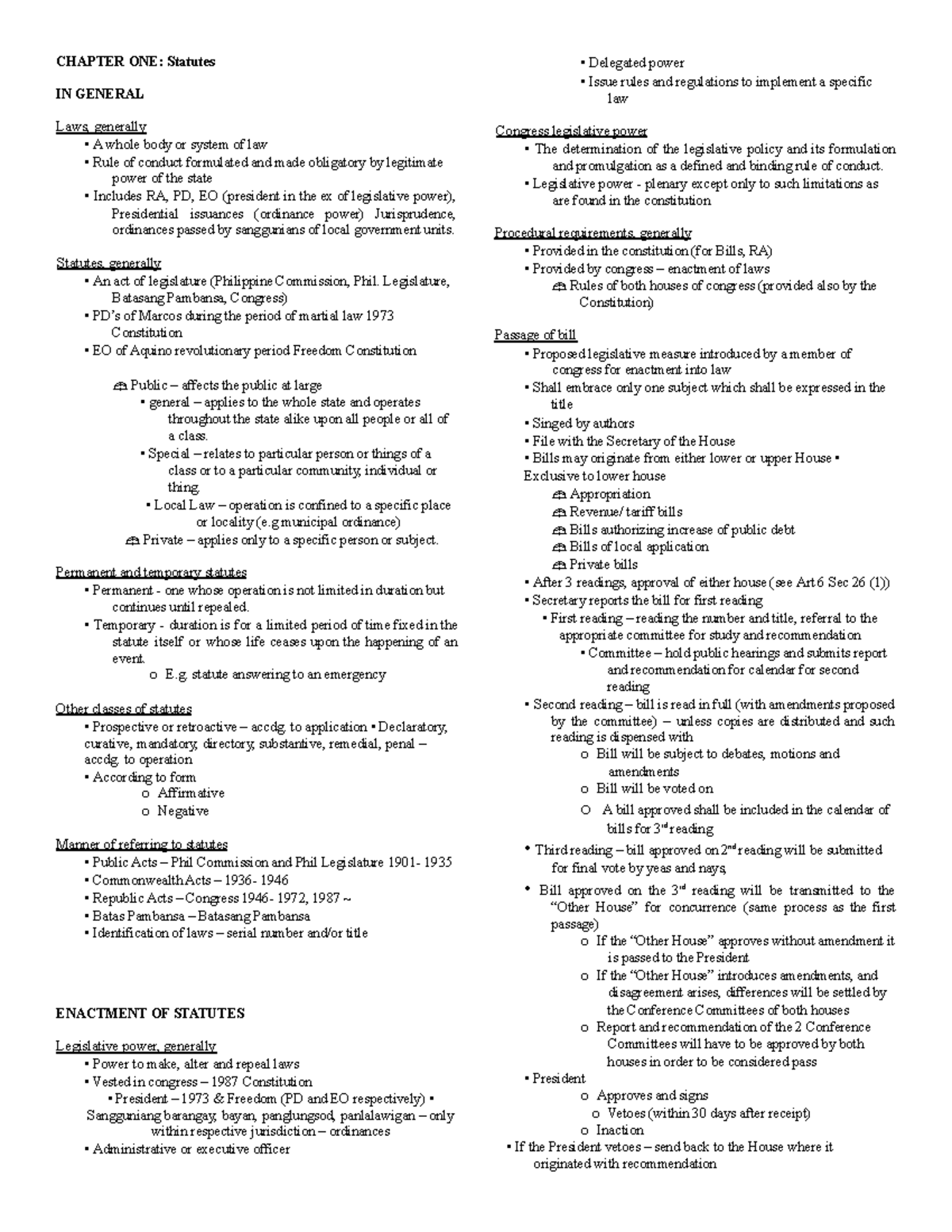 Statutory Construction Agpalo Lecture Notes - Chapter One: Statutes In 