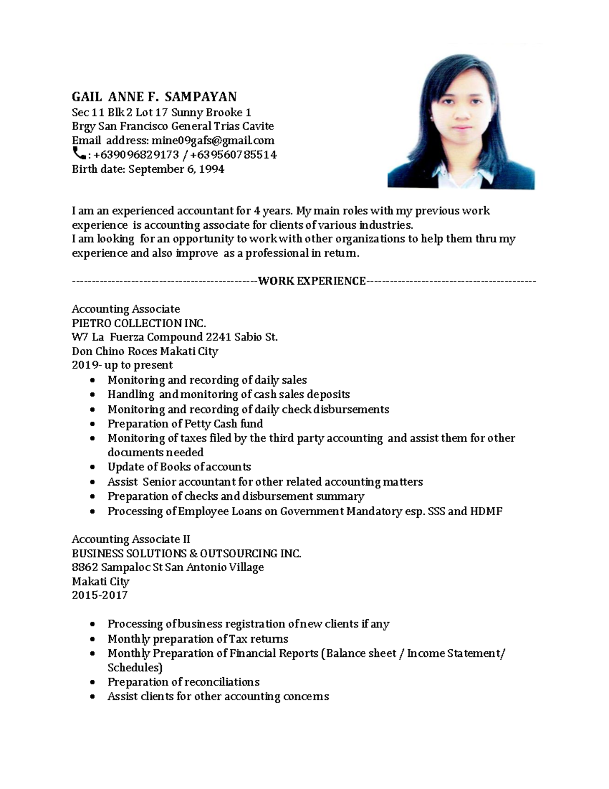 CURRICULUM VITAE - SAMPLE PDF FILE - GAIL ANNE F. SAMPAYAN Sec 11 Blk 2 ...