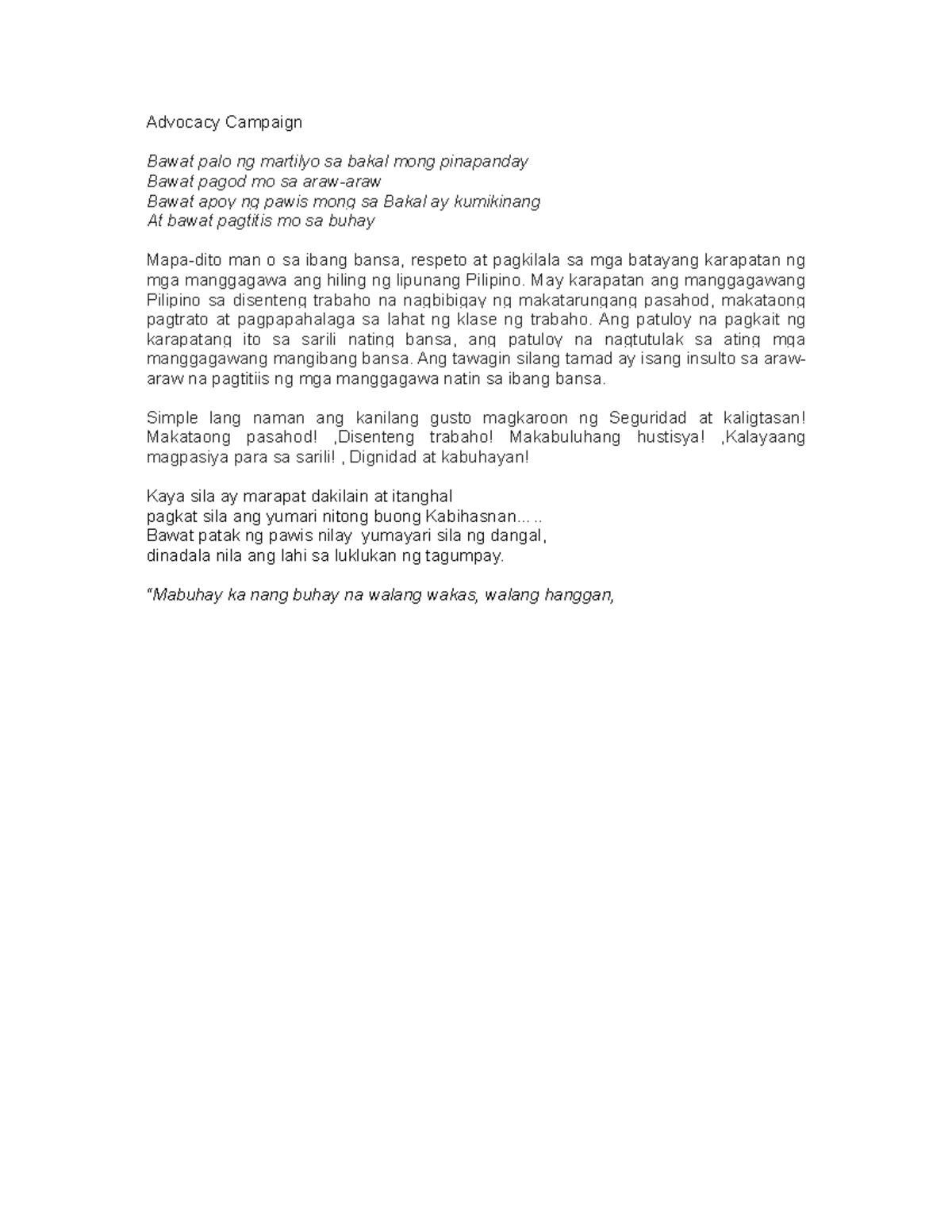 Advocacy Campaign unit 4 filipino Advocacy Campaign Bawat palo ng martilyo sa bakal mong Studocu