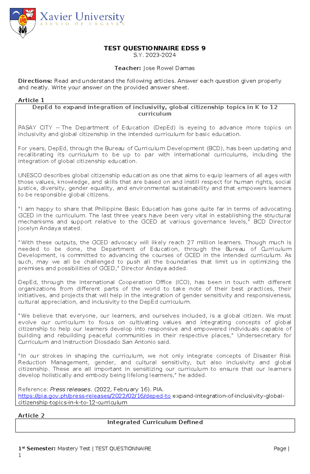 EDSS 9 Mastery Test Questions - TEST QUESTIONNAIRE EDSS 9 S. 2023 ...
