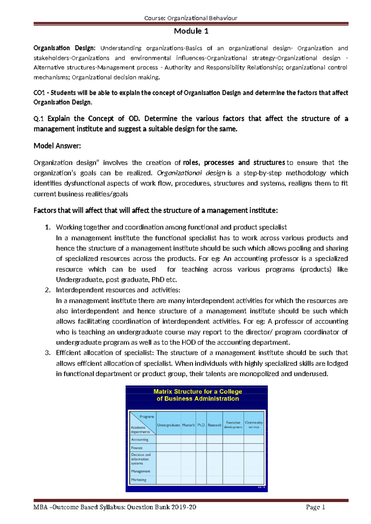 Ob Question Bank Mba Sem 1 Module 1 Organisation Design Understanding Organizations Basics