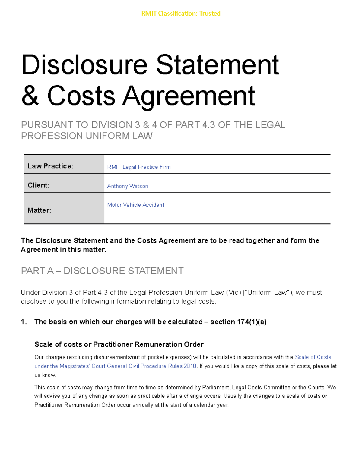 Combined Disclosure Statement and Costs Agreement Disclosure