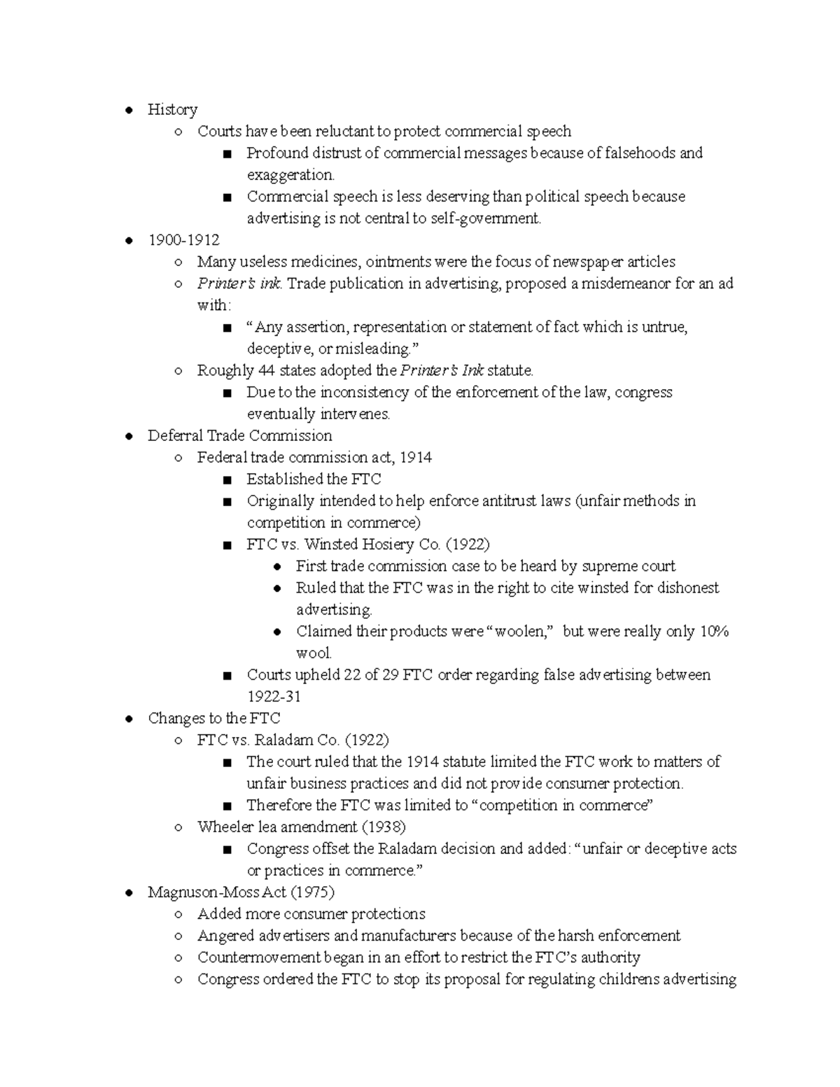 Class Notes Chapter 8 Commercial speech History Courts have been