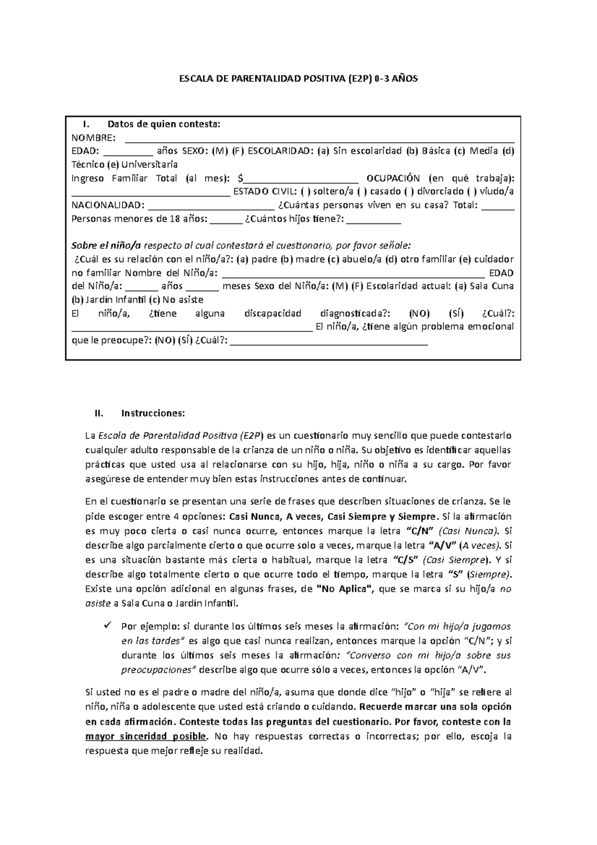 Escala DE Parentalidad Positiva 0-3 AÑOS - ESCALA DE PARENTALIDAD ...