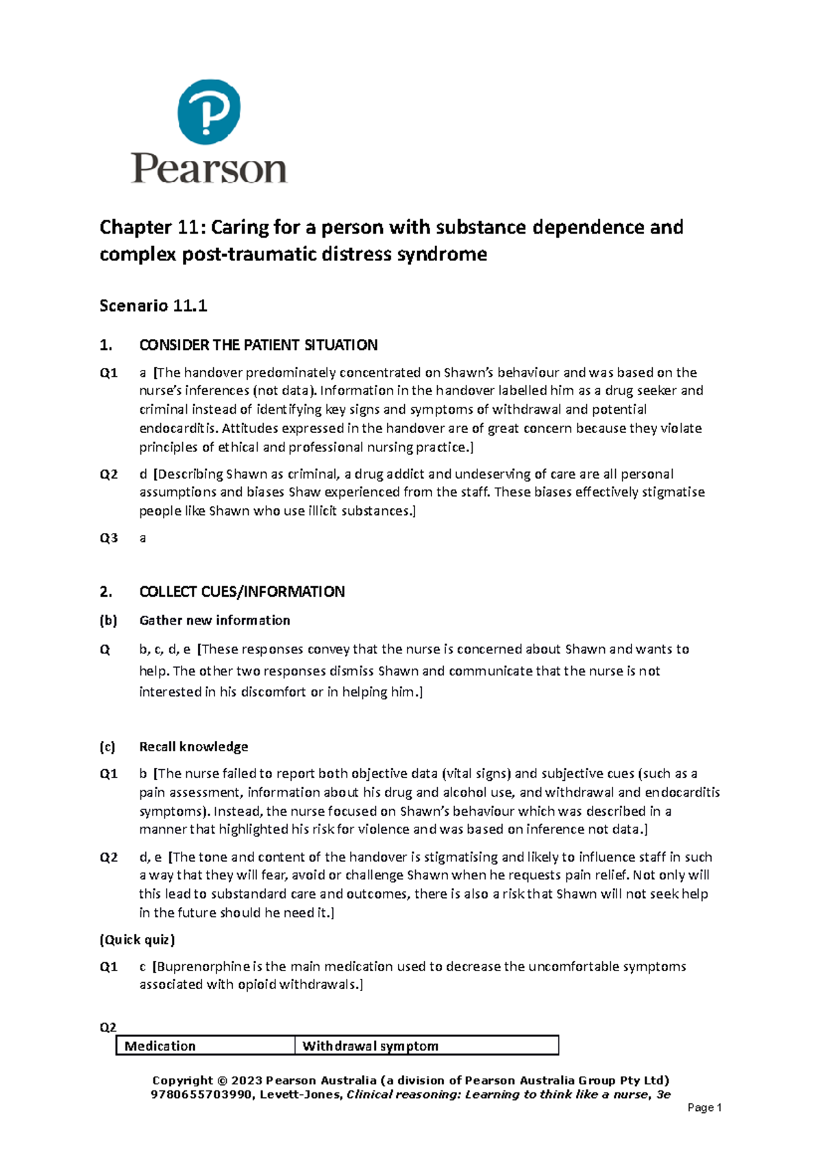 Chapter 11 Answers Clinical Reasoning Learning to think like a nurse 3rd edition Chapter 11