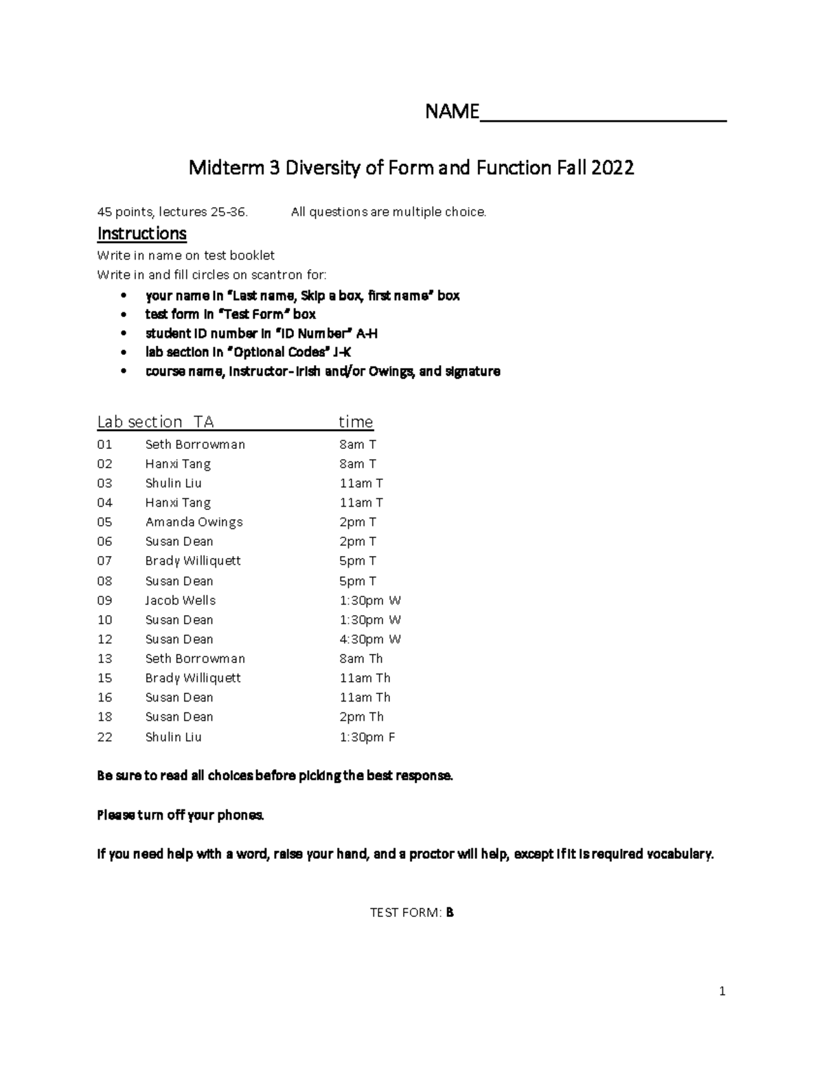 Midterm 3 Form B Key - NAME_______________________ Midterm 3 Diversity ...