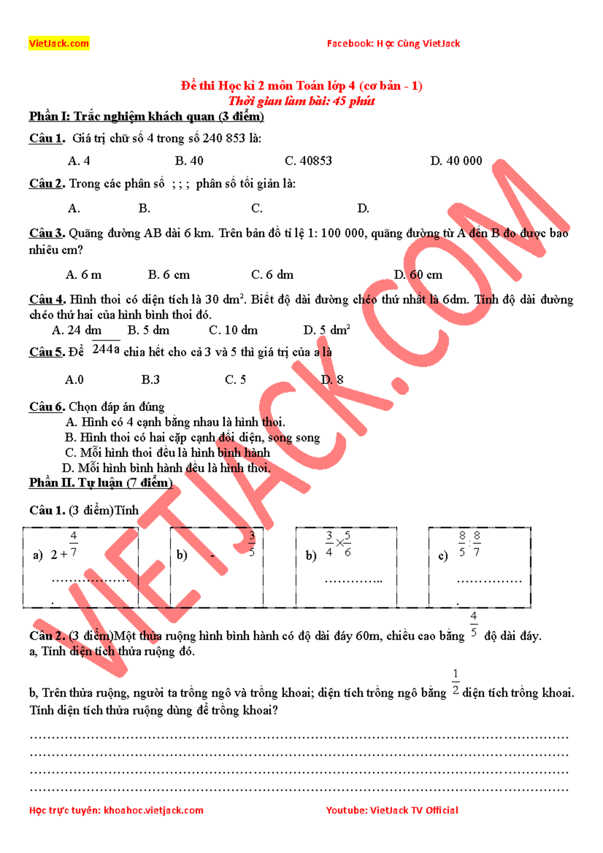 De kiem tra toan 4 cuoi ki 2 - Đề thi Học kì 2 môn Toán lớp 4 (cơ bản ...