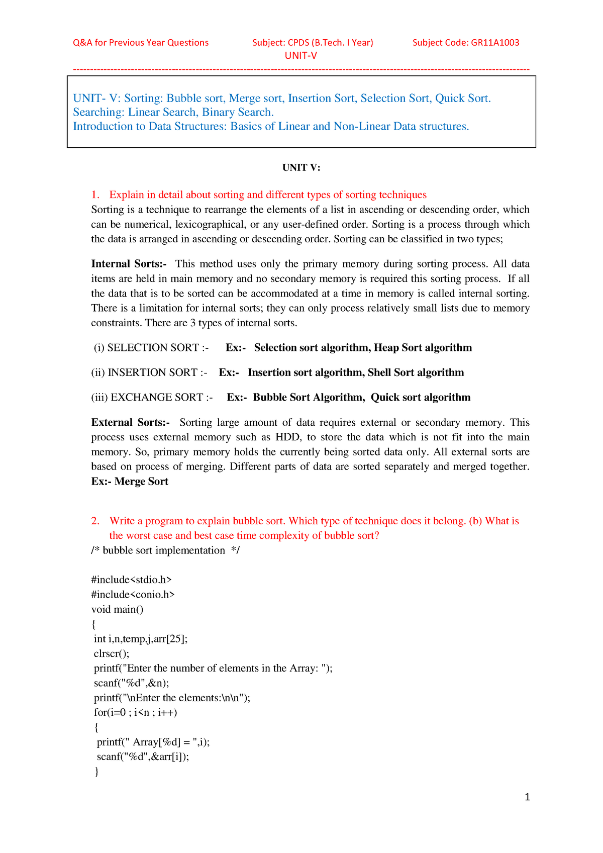 Sort Dsa Exercises - Dsa - UNIT-V - UNIT- V: Sorting: Bubble Sort ...