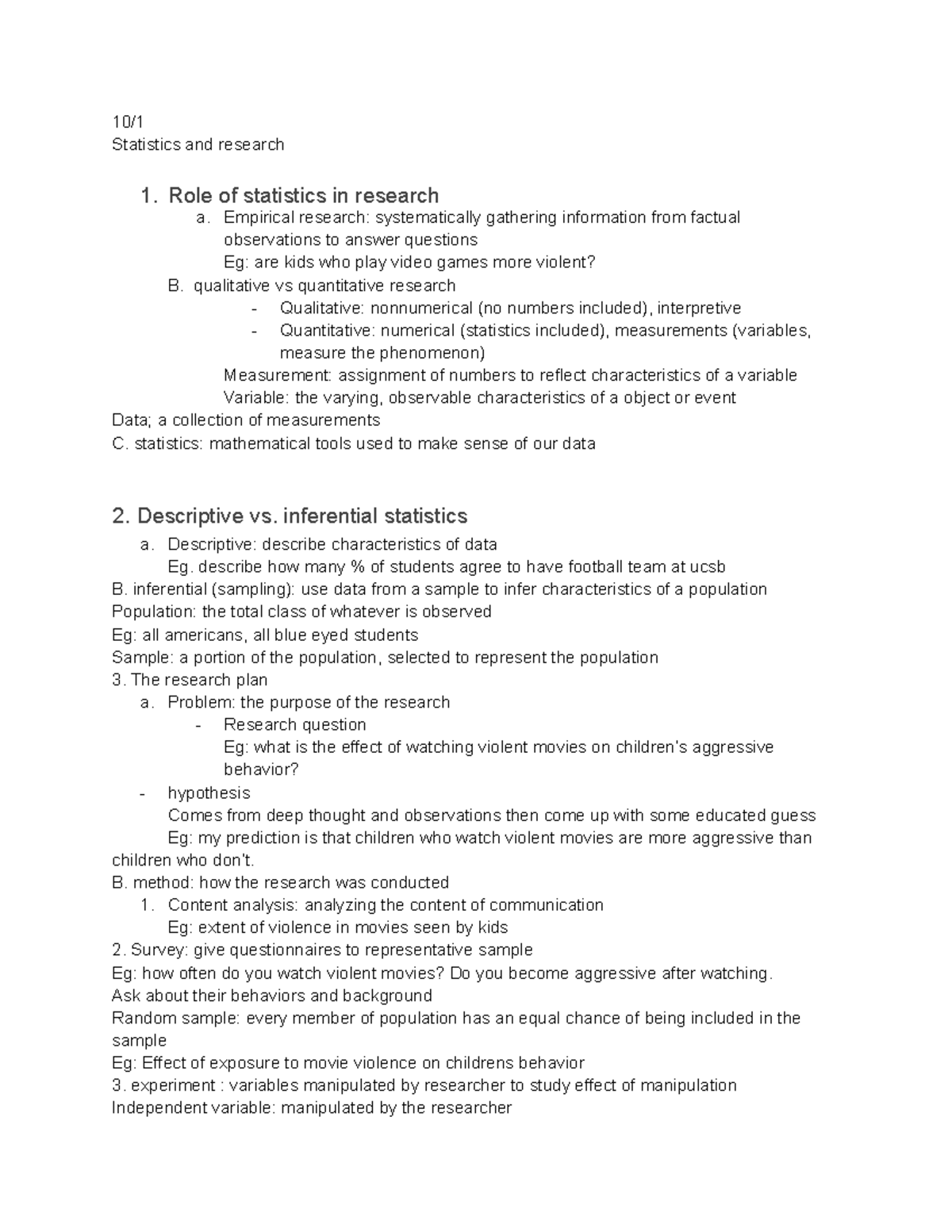 F18 comm87 notes - 10/ Statistics and research 1. Role of statistics in ...