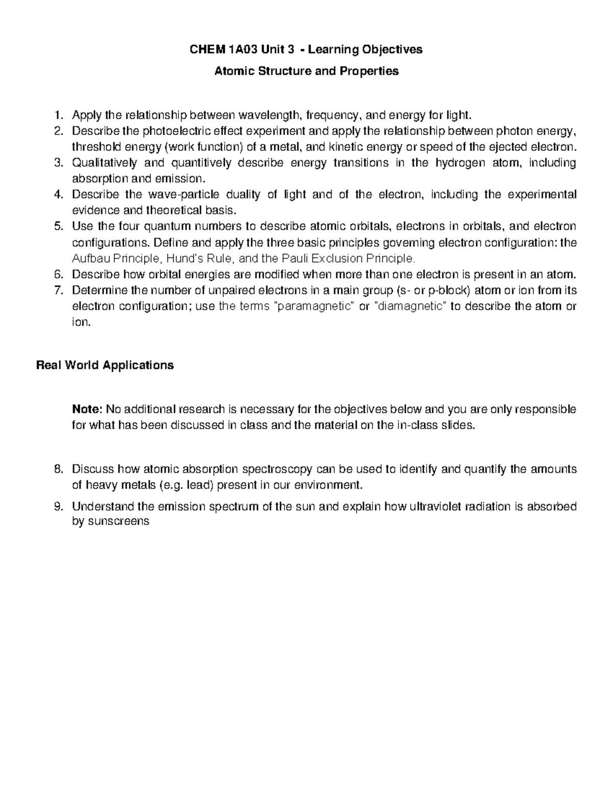 Unit 3 - Atomic Structure Learning Objectives 2020 final - CHEM 1A03 ...
