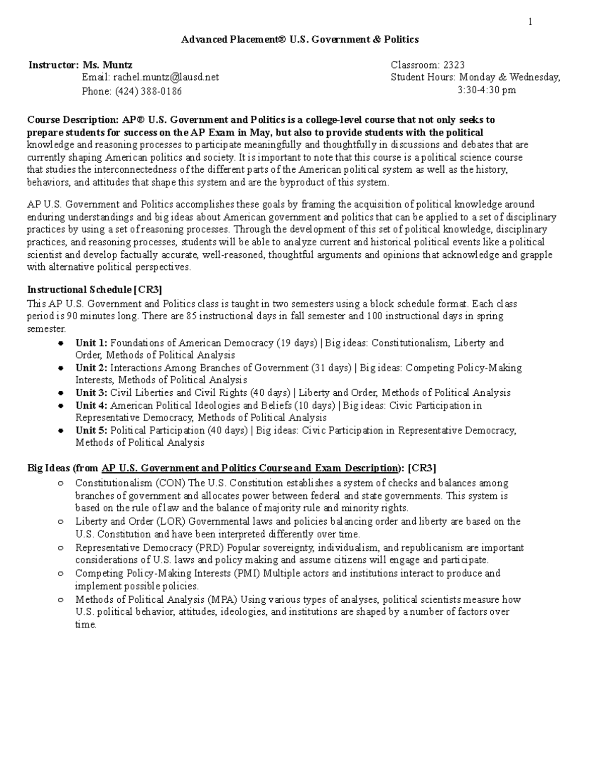 AP US Gov't Syllabus - Advanced Placement® U. Government & Politics ...