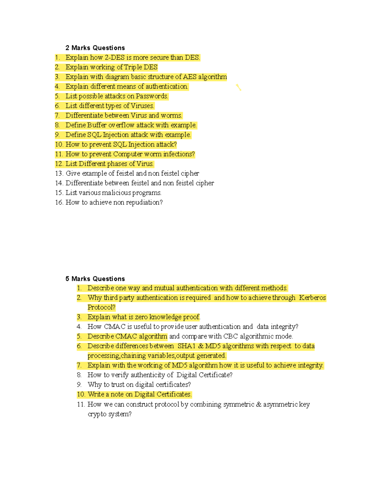 Practice Questions for Cryptography System Security 2 Marks Questions