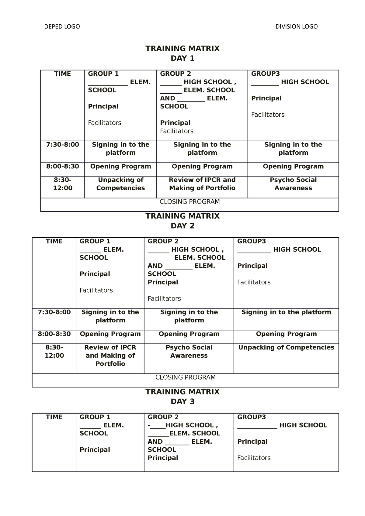 Inset Training Matrix Downloadable Sample DEPED LOGO DIVISION LOGO TRAINING MATRIX DAY 1 TIME 