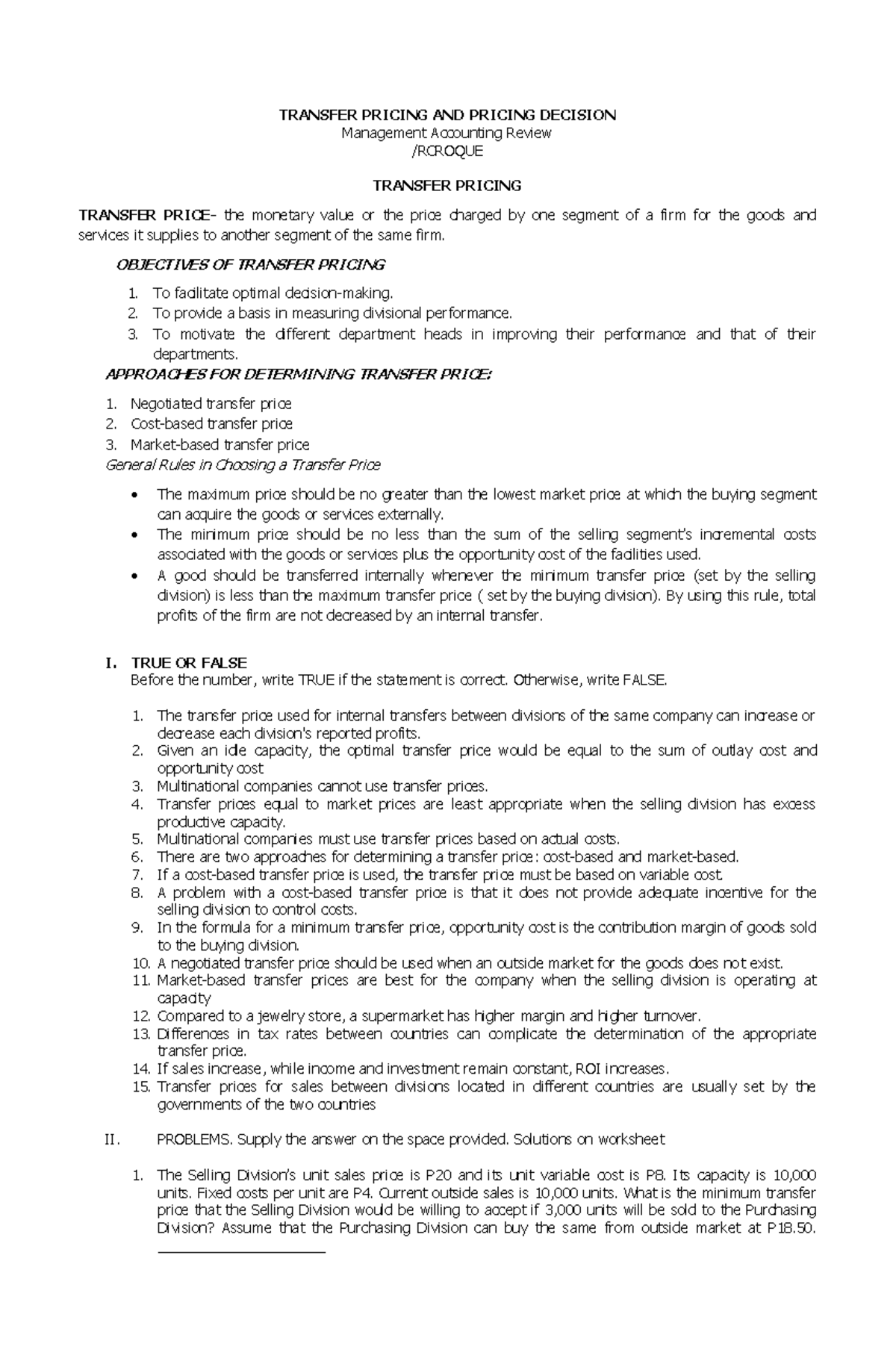 10 Transfer Pricing and Pricing Decision - TRANSFER PRICING AND PRICING ...