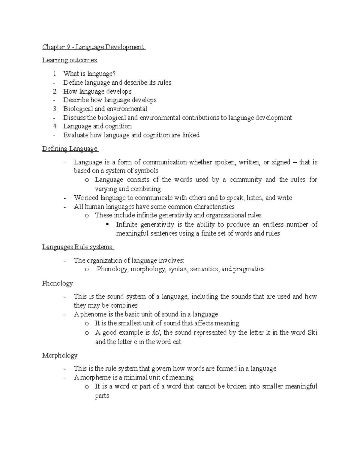 Chapter 9 Notes - Chapter 9 - Language Development Learning outcomes ...