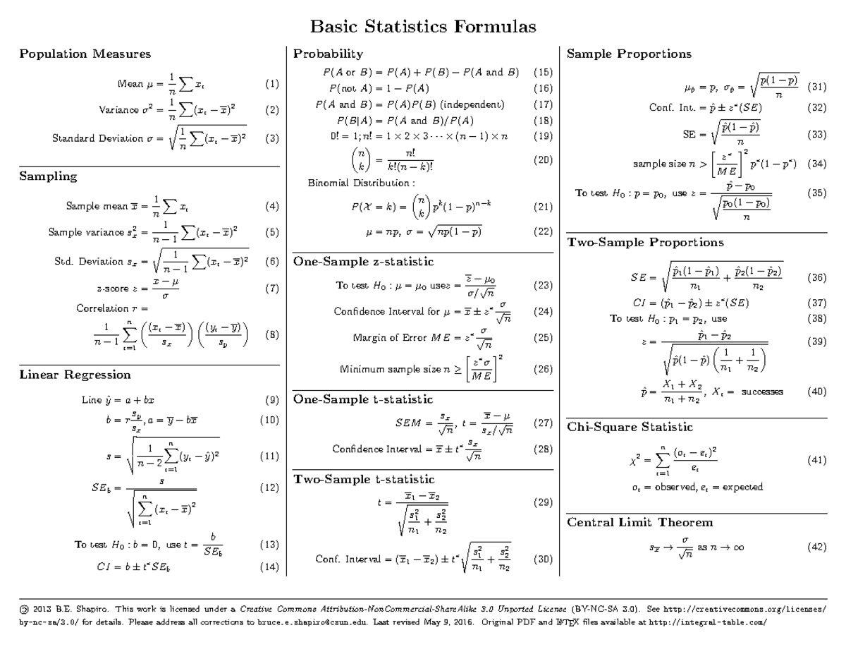 Stat-Formulas - For use in excel - Basic Statistics Formulas Population ...