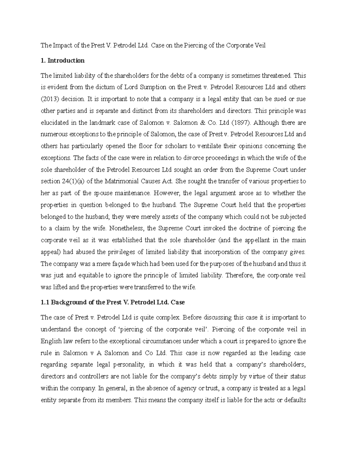 The Impact of the Prest V Petrodel Ltd. Case on the Piercing of the