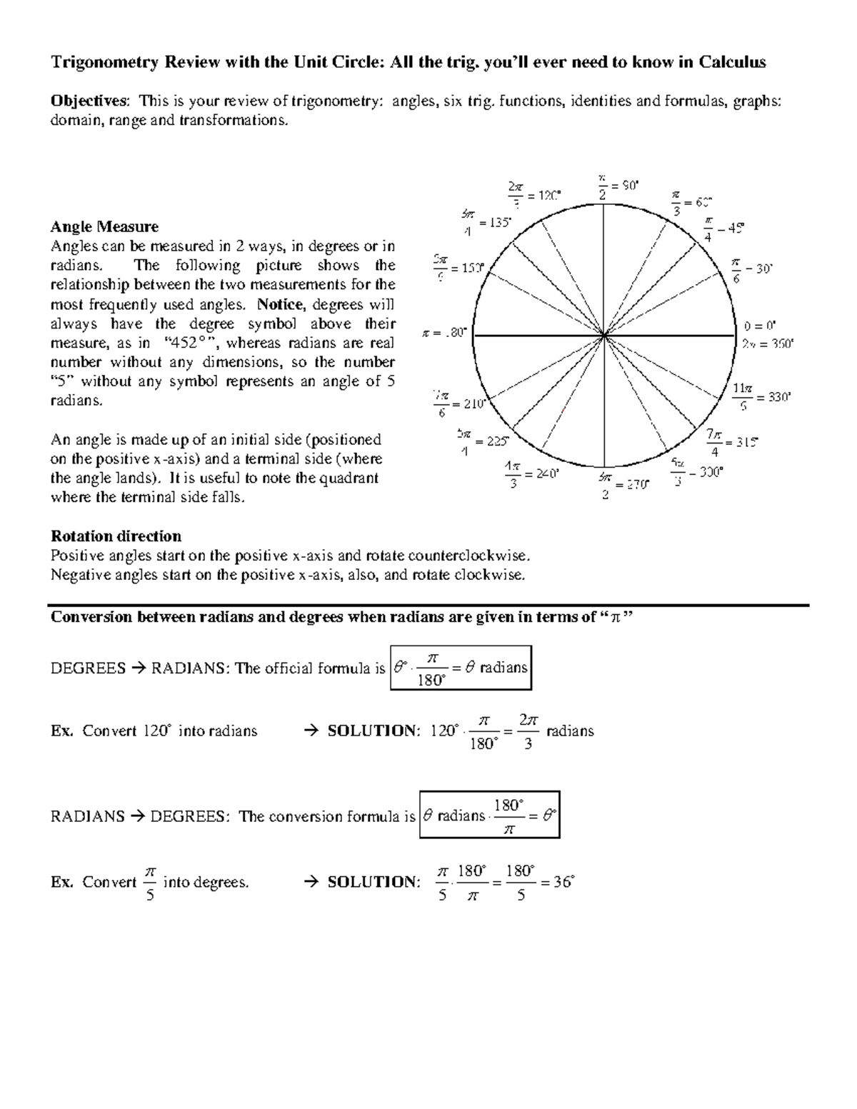 Unit Circle - Week 3 2Q - NONE - Trigonometry Review with the Unit ...