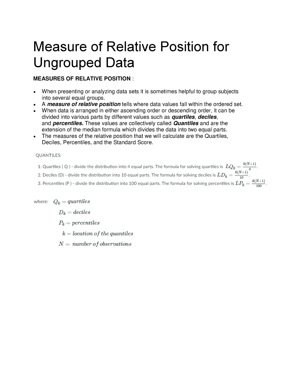 Measure Of Relative Position For Ungrouped Data Measure Of Relative 