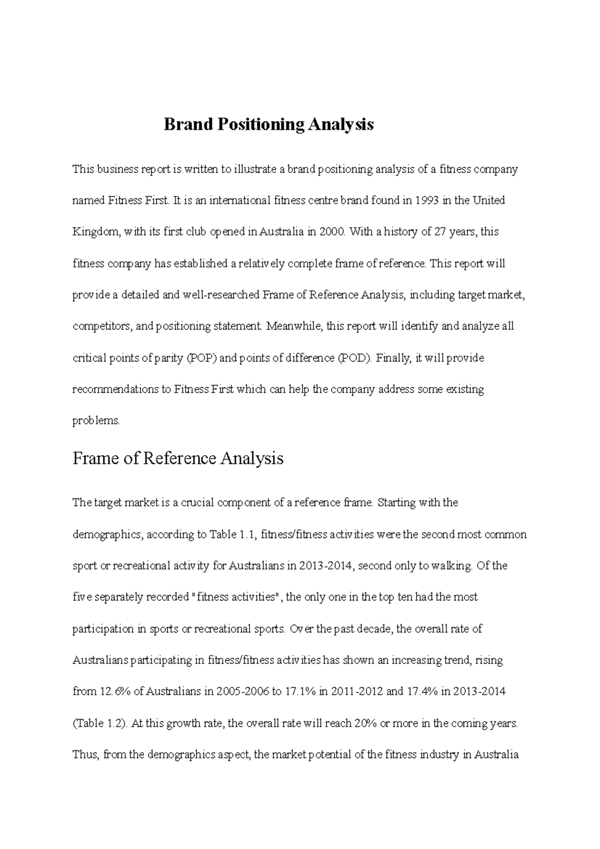 AMB 211 Assessment 1 - Brand Positioning Analysis This business report ...