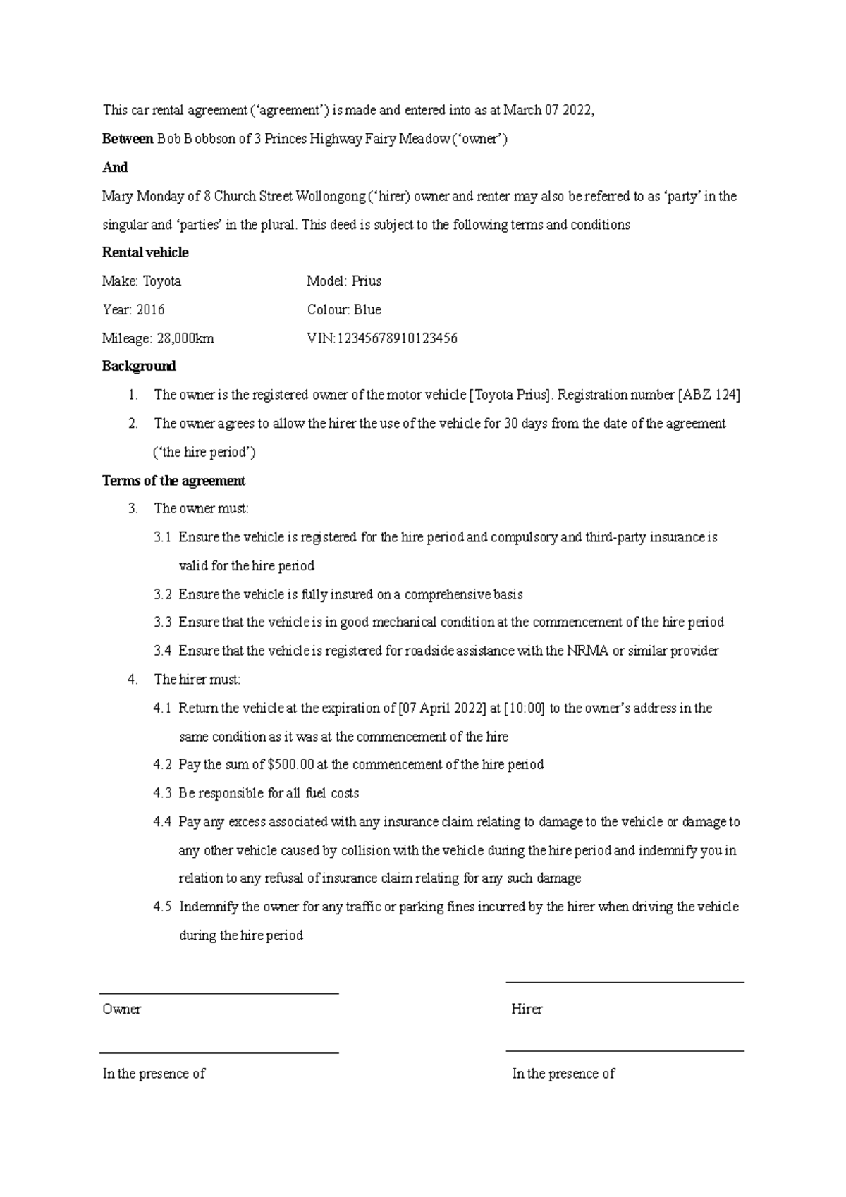 LLB2225 Draft agreement - This car rental agreement (‘agreement’) is ...