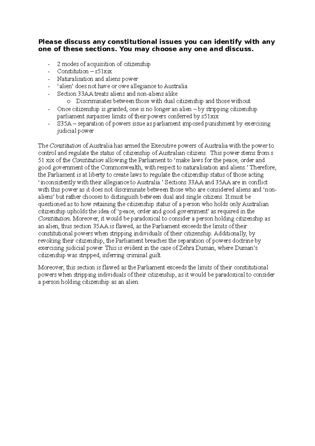 Discussion Answers - Please discuss any constitutional issues you can ...