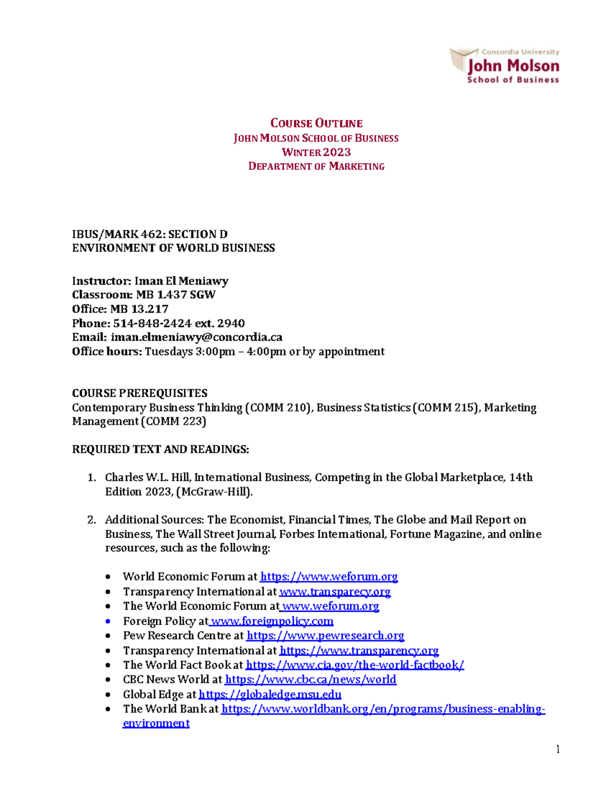 MARK IBUS 462 course outline I.Meniawy Winter 2023 D - COURSE OUTLINE ...