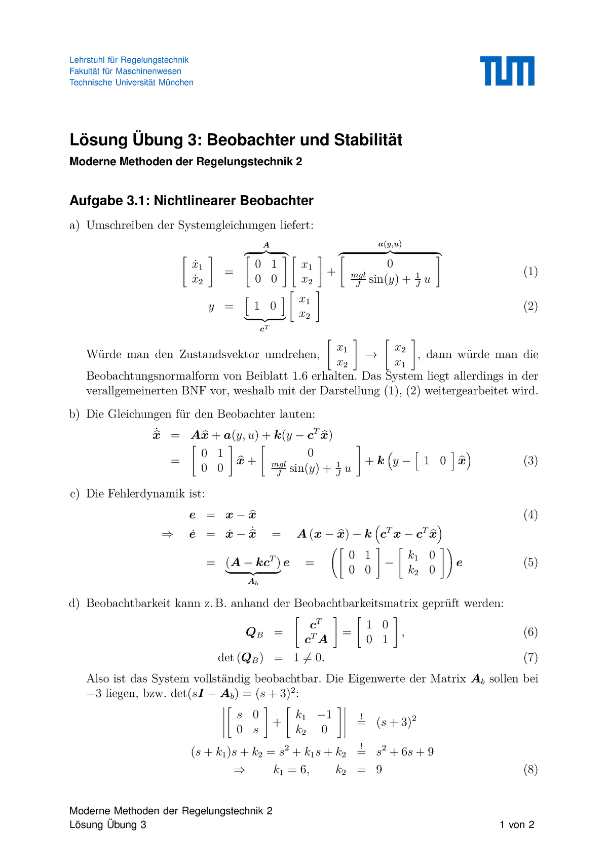 Mmd R Uebung Loesung Lehrstuhl F R Regelungstechnik Fakult T F R Maschinenwesen Technische