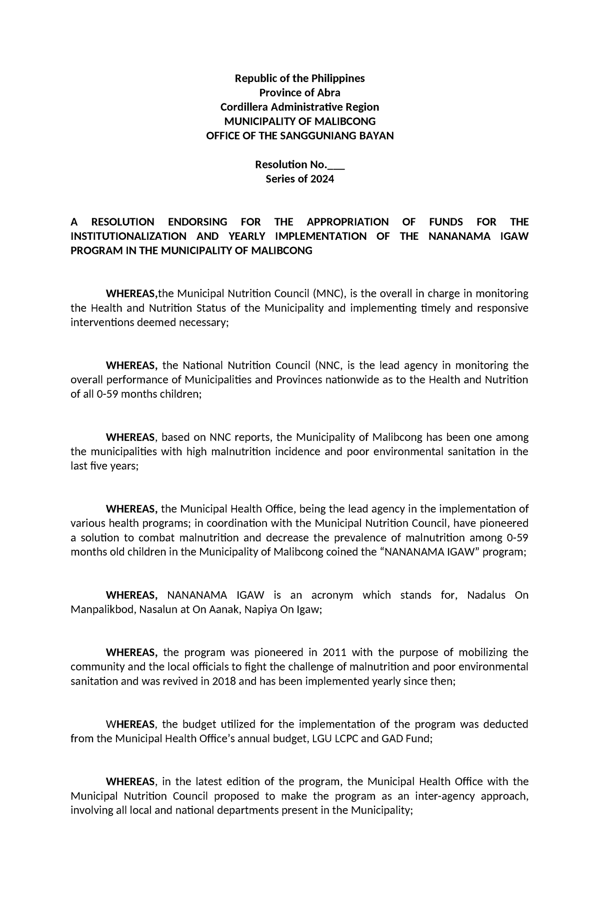 Nananama IGAW RESO - Resolution - Republic of the Philippines Province ...