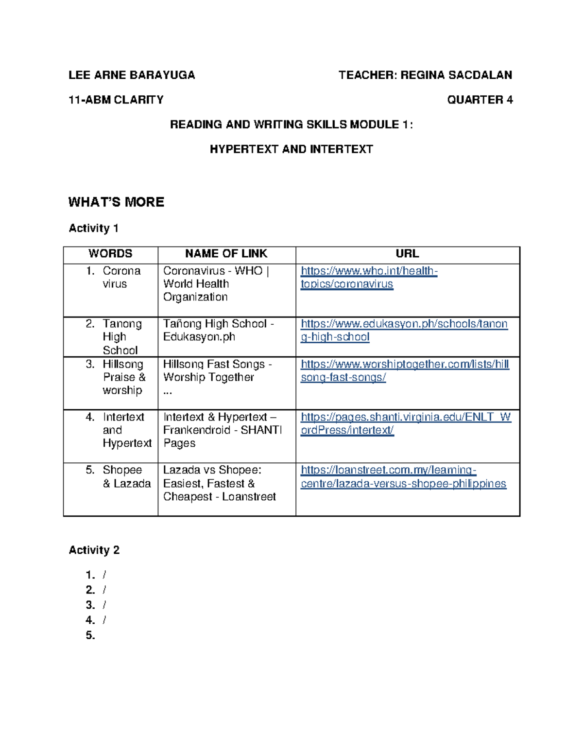 Reading AND Writing Skills Module 1 Hypertext AND Intertext LEE ARNE