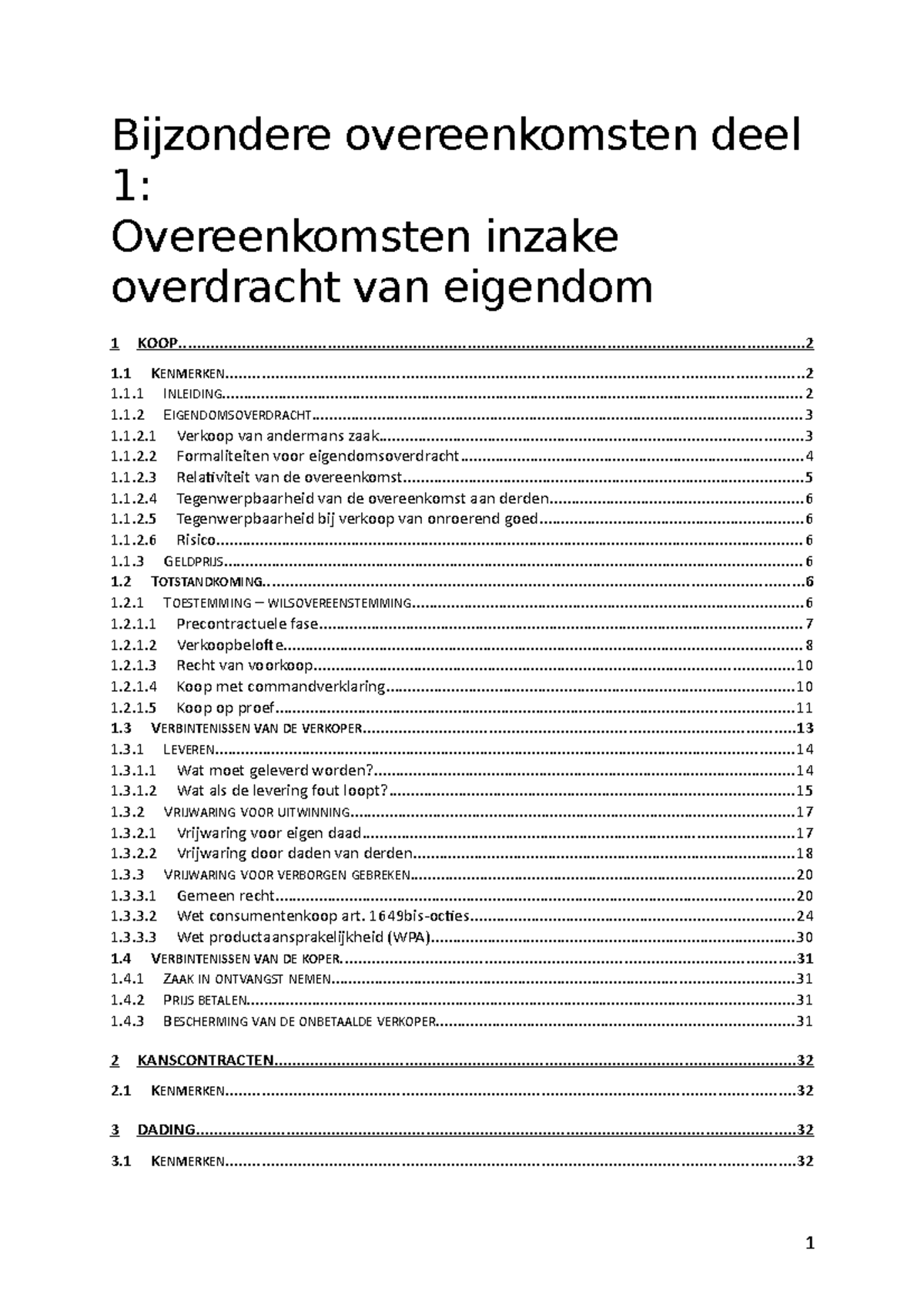 Deel 1 Overdracht Van Eigendom - Bijzondere Overeenkomsten Deel 1 ...