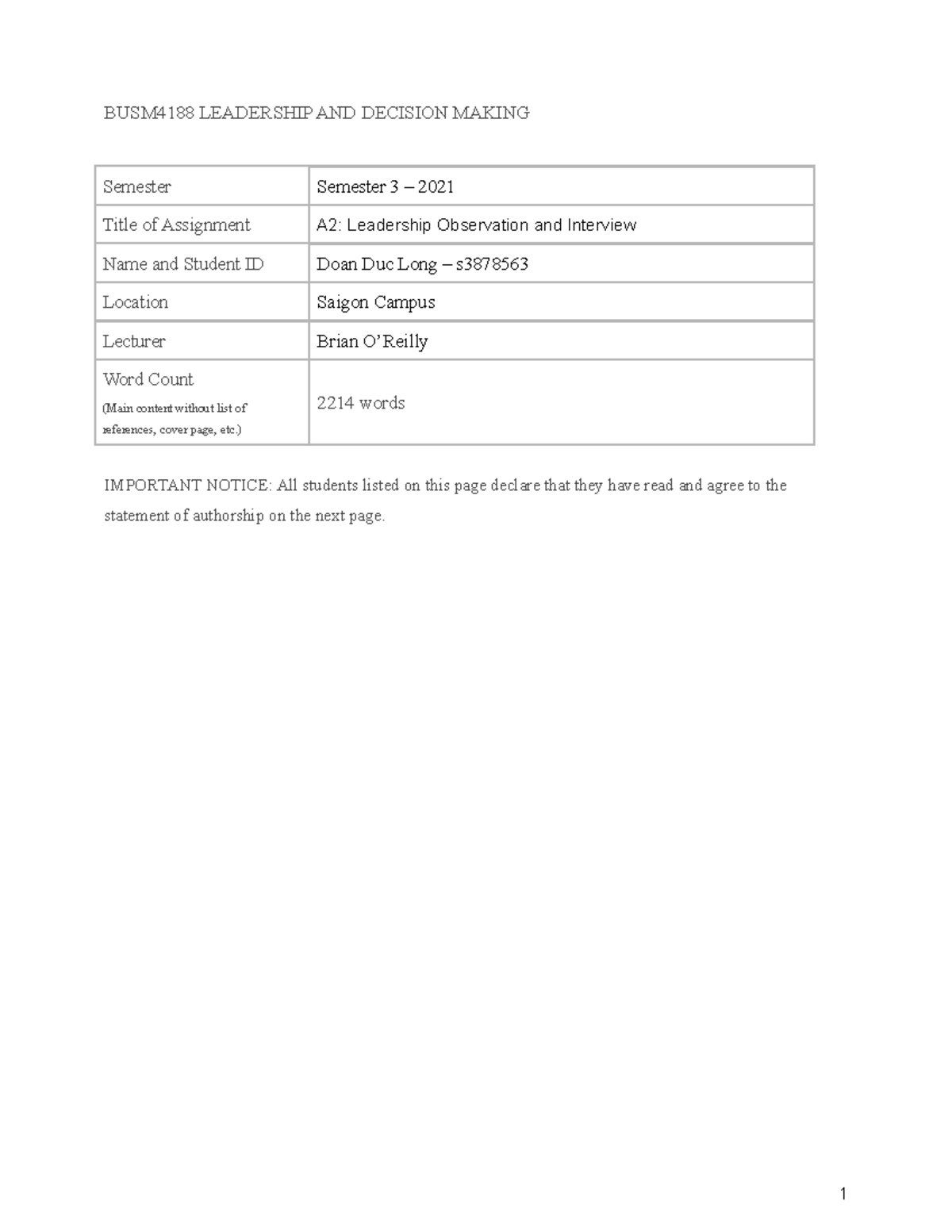 BUSM 4188 Assignment 2 68% Graded - BUSM4188 LEADERSHIP AND DECISION ...