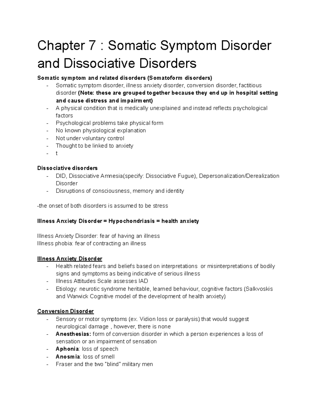 Chapter 7 Somatic and DIssociative Disorders - Notes - Chapter 7 ...
